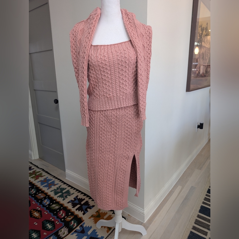 Pink Cable Knit Cardigan & Skirt Set - Picture 2 of 9